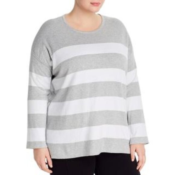 Eileen Fisher NWT Grey/White Stripe Round Neck Lagenlook BOX-TOP Sweater Size 1X - Picture 1 of 7